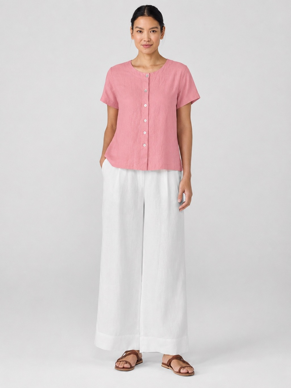 Vintage Orvis 100% Linen Boxy Short Sleeve Shirt Button Up Pink Small *47